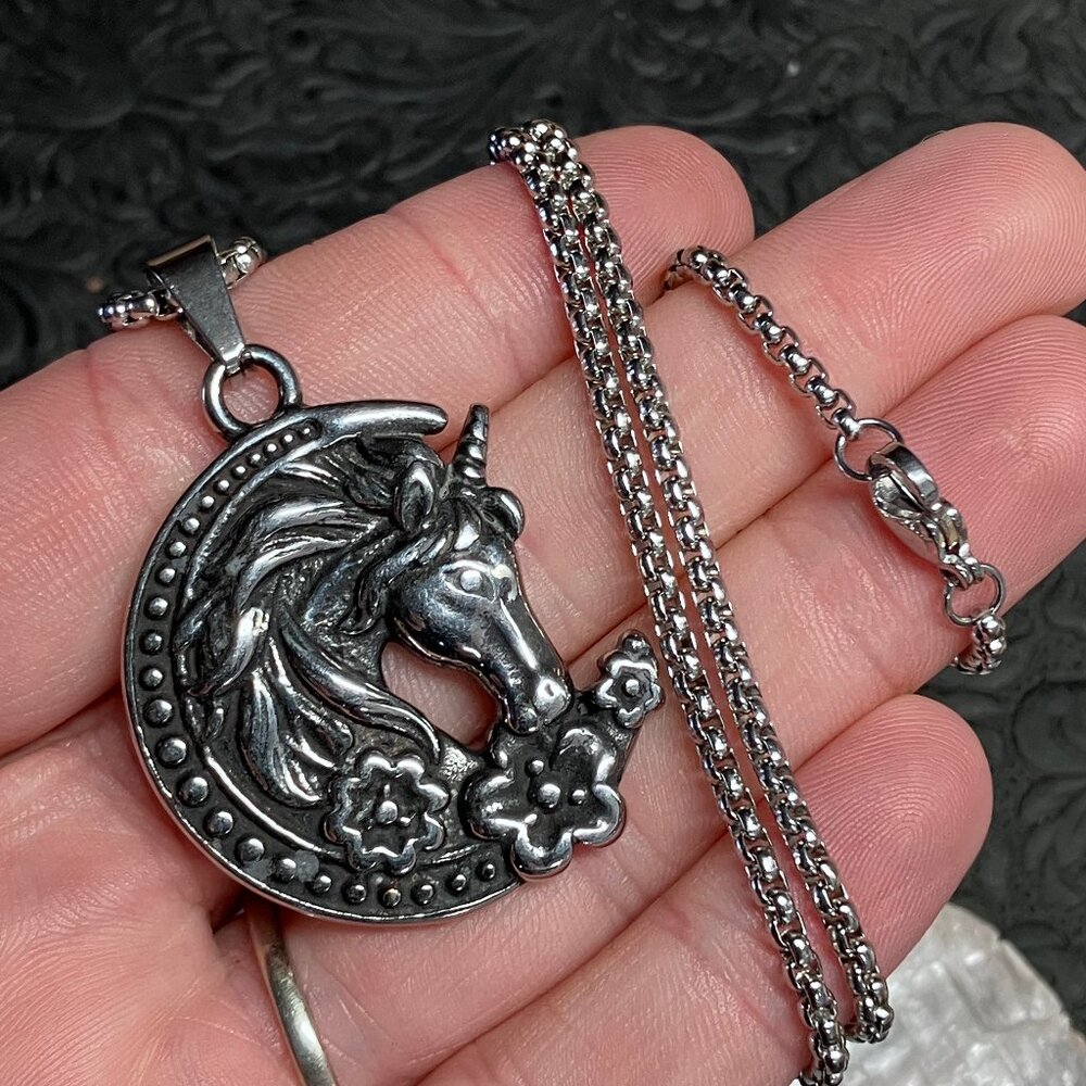 Unicorn Floral Horseshoe Crescent Moon Necklace Pendant Jewelry